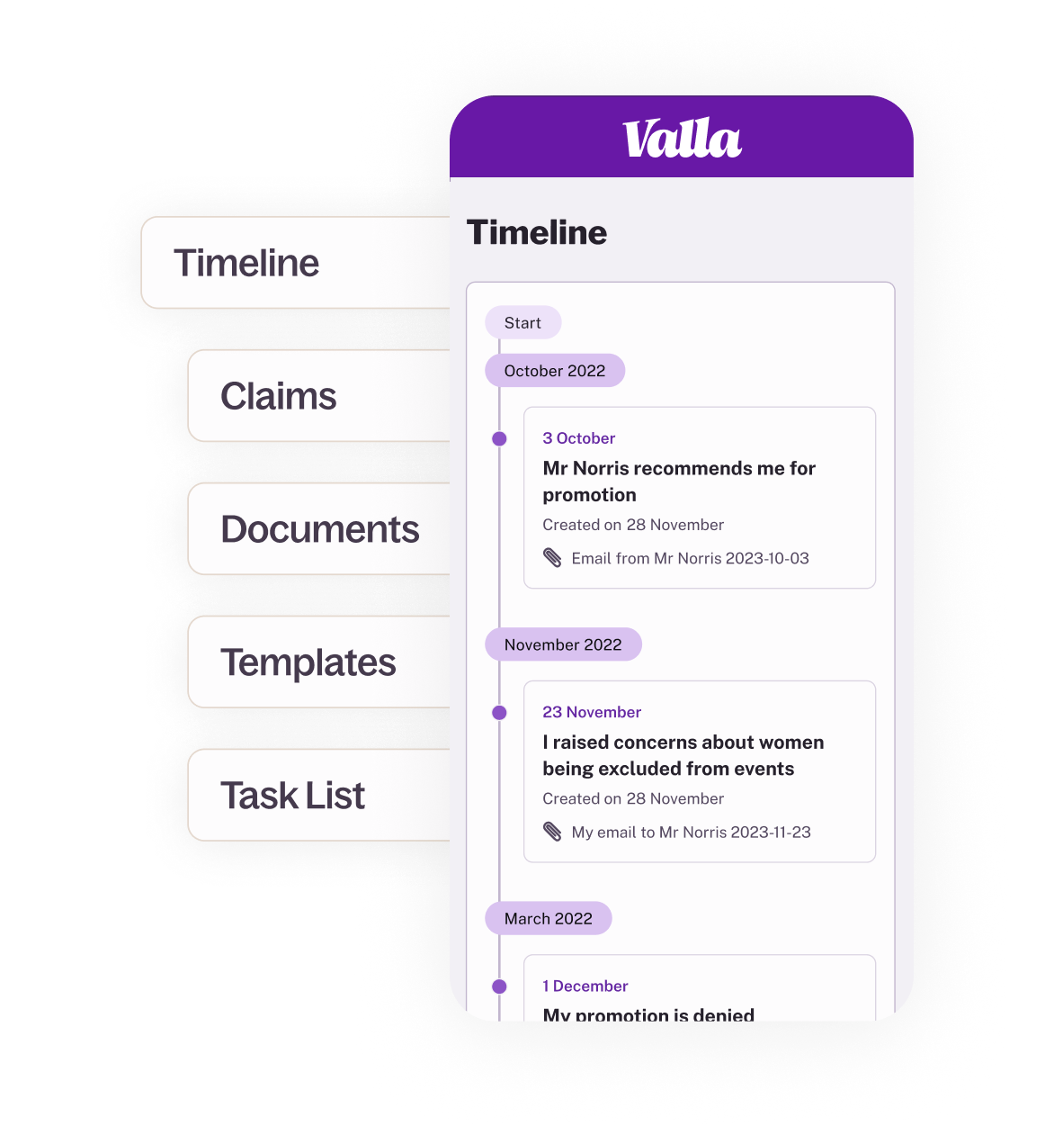 An image showing the different features of Valla's UK employment law platform - timeline, claims, documents, templates and tasks, going into a mobile view of the platform. 